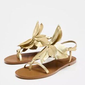 FLAT LEATHER SLIDER SANDALS WITH FLOWER